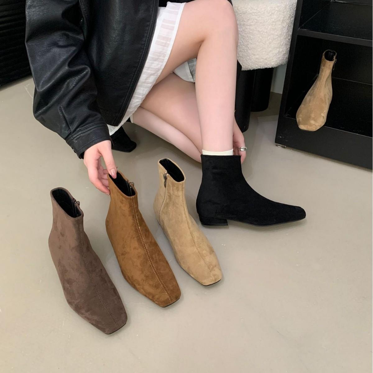 

2025 новые замшевые полусапожки на толстом каблуке с боковой молнией, модные женские ботильоны Мартин 39 абрикосовый