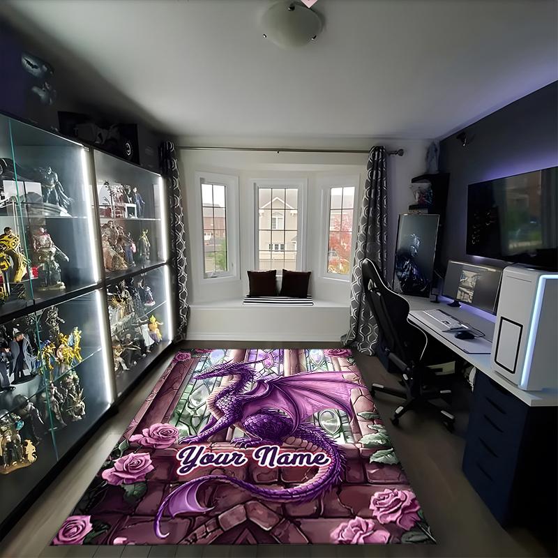 1PC Custom Name Purple Dragon Garden Theme Floor Mat Ideal for Living Room, Game Rooms, Office, Bedroom,Floor Mat Playful Design