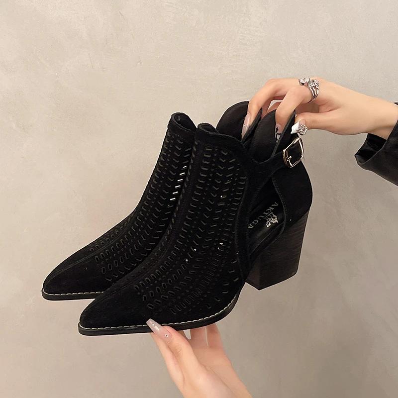 

Черные сетчатые ботинки, полые короткие ботинки для женщин, лето, новые крутые дышащие сандалии, остроносые, в западном стиле, джинсовые ботинки, платформа 42