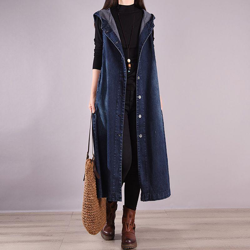 Loose Long Denim Sleeveless Hoodie Vest Autumn Fashion Outerwear for Women Simple Style Large Size Trendy Casual Jacket