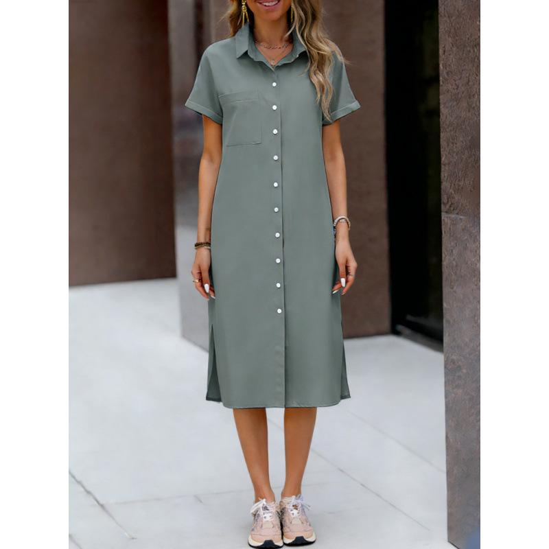 

Spring new temperament commuter short-sleeved lapel shirt dress European and American comfortable and casual medium and long styles S серый