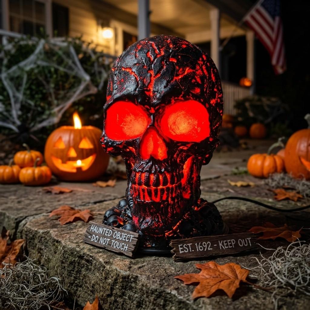 Halloween Skull Light Resin Garden Decor With Led For Outdoor Yard Ambiance