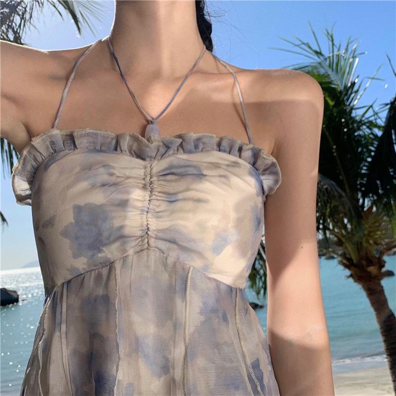 Women's Summer Floral Hanging Neck Waisted Backless Sleeveless Big Swing Loose Dresses