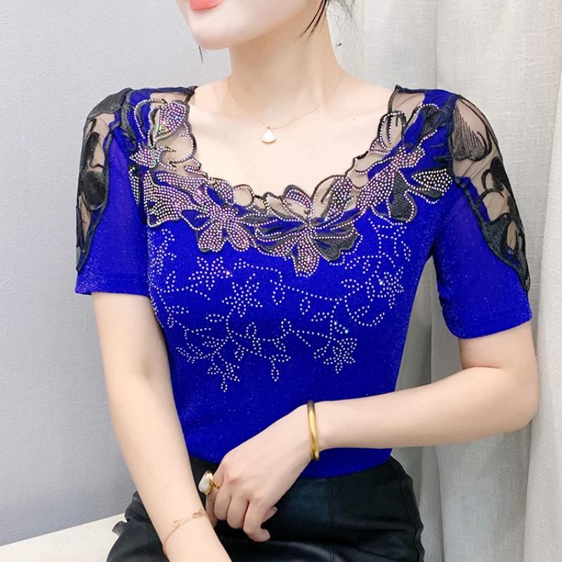 Summer Women T-Shirt Chic Sexy Lace Hollow Embroidery Flower Patchwork Mesh Tops Elegant O-Neck Diamonds Short Sleeve Tees