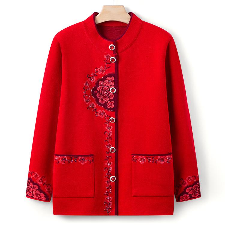 Grandma Clothing Autumn and Winter Knitted Sweater Round Neck Tang Clothing Jacket Women's Middle-aged and Elderly Mother Clothing