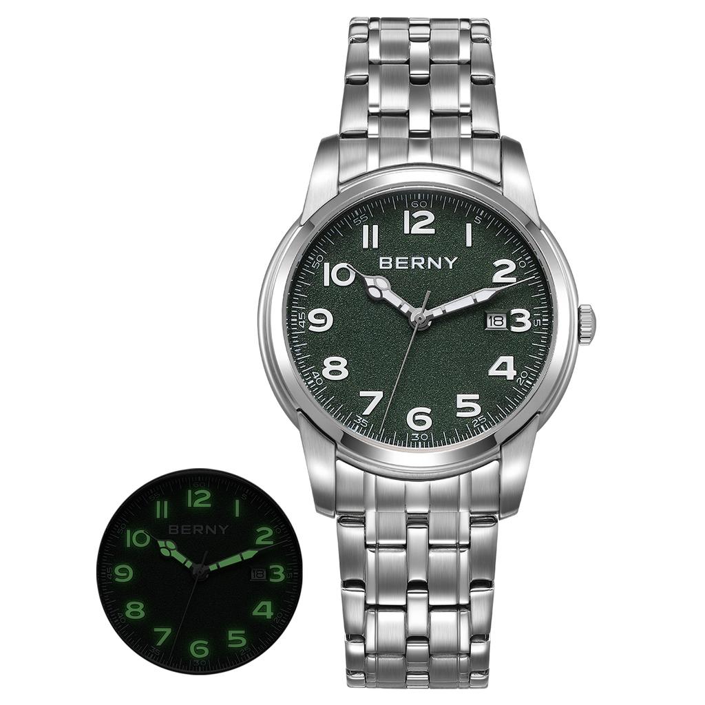 AUQ1 BERNY Watches for Men Calendar Date Luminous Quartz Watch S/S Fashion Classic Sports Easy Read Outdoor Men's Wristwatch
