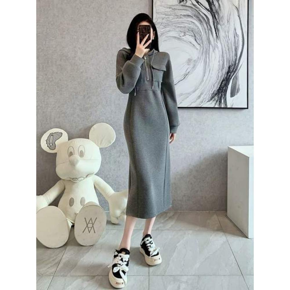 

Элегантное повседневное платье-толстовка с капюшоном на флисовой подкладке, осень-зима, новое роскошное приталенное длинное платье XL серый