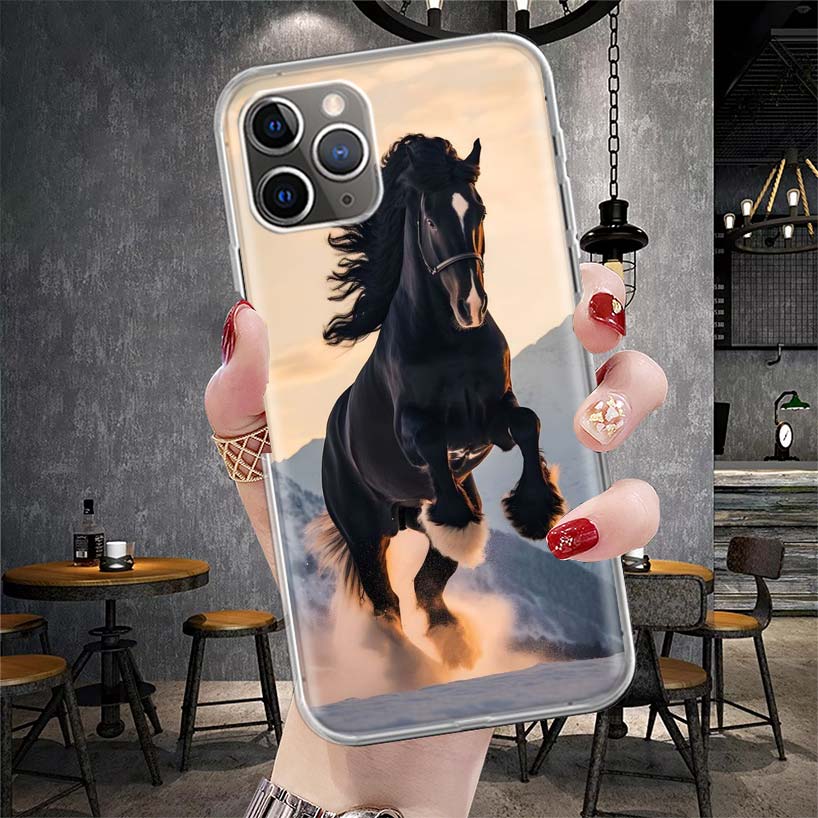 Étui de téléphone souple Cheval Noir Animal Pour IPhone 11 17 Air 16E 16 Pro Max 15 + 14 Plus 13 Mini 12 Apple 7 SE 8 Fundas Coque 11 17 A