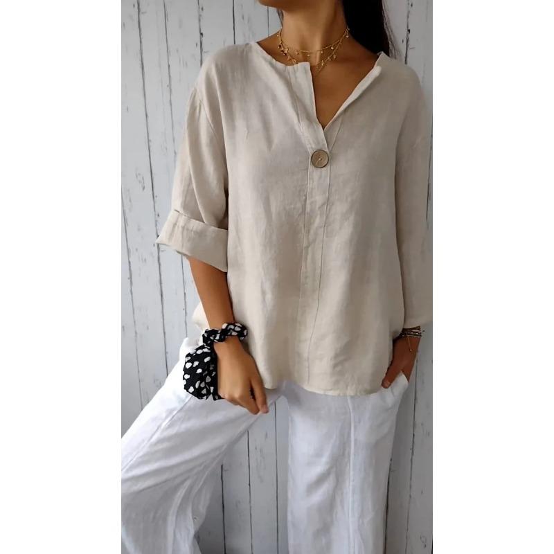 Women V Neck Loose Button 3 4 Sleeve Casual T Shirt Top