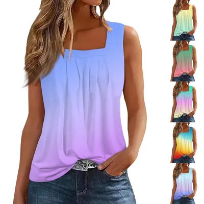 Women's Fashion Casual Pleated Square Collar Sleeveless Vest Print Summer T-shirt