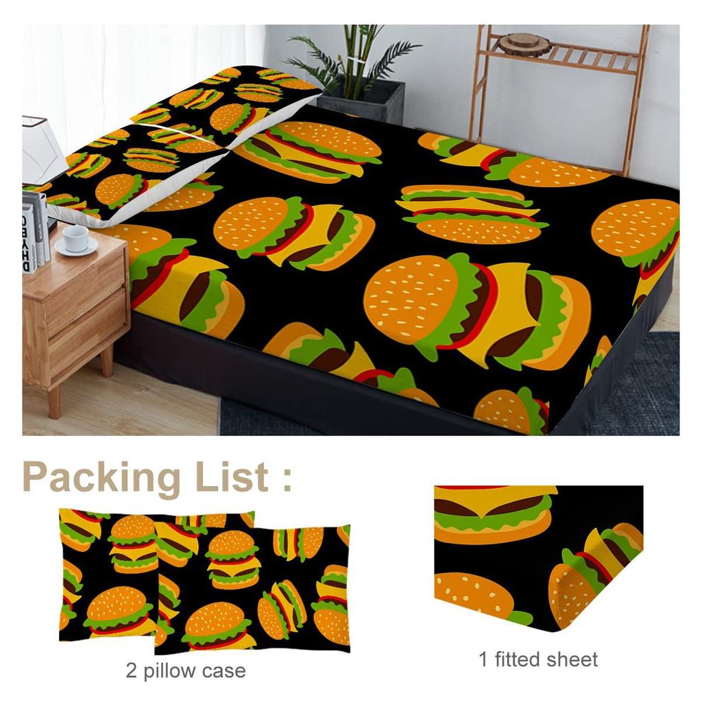 Delicioso Lençol com Estampa de Hambúrguer Jogo de Cama de Três Peças com Estampa Digital para Adulto Criança