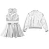 Kinder Mädchen 3-teiliges Tanzset: Metallic Mock Neck Crop Top, Rock & Stehkragen-Reißverschlussjacke für Bühnenauftritt & Workout