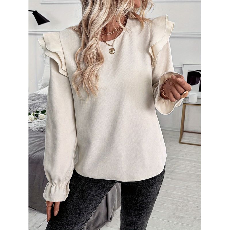 

Spring and Autumn Fashion Style New Arrival Elegance Ruffles Shirt Pattern Female French Elegance Elegance Temperament Lantern Sleeve Shirt Beige White S