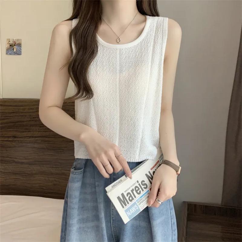 

Women s Plus Size Sleeveless Textured Knit Top Casual Round Neck Crop Camisole for Summer M белый