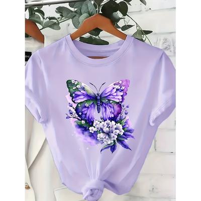 Butterfly & Floral Pattern Print T Shirt Comfortable Round Neck Lightweight Short Sleeves Spring and Summer Fashion Essentials Essential