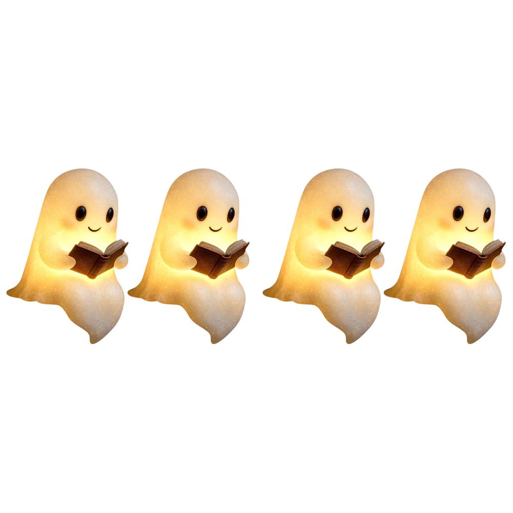 1/2/4Pcs Cute Ghost Reading Book Lamp Halloween Spooky Ghost LED 3D Night Light Home Table Light Up Resin Figurines Decoration