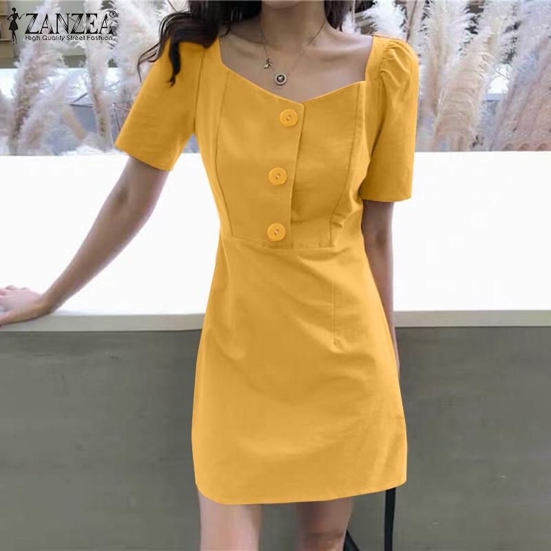 

ZANZEA Women Square Collar Summer Casual Short Sleeve Dress S бежевый