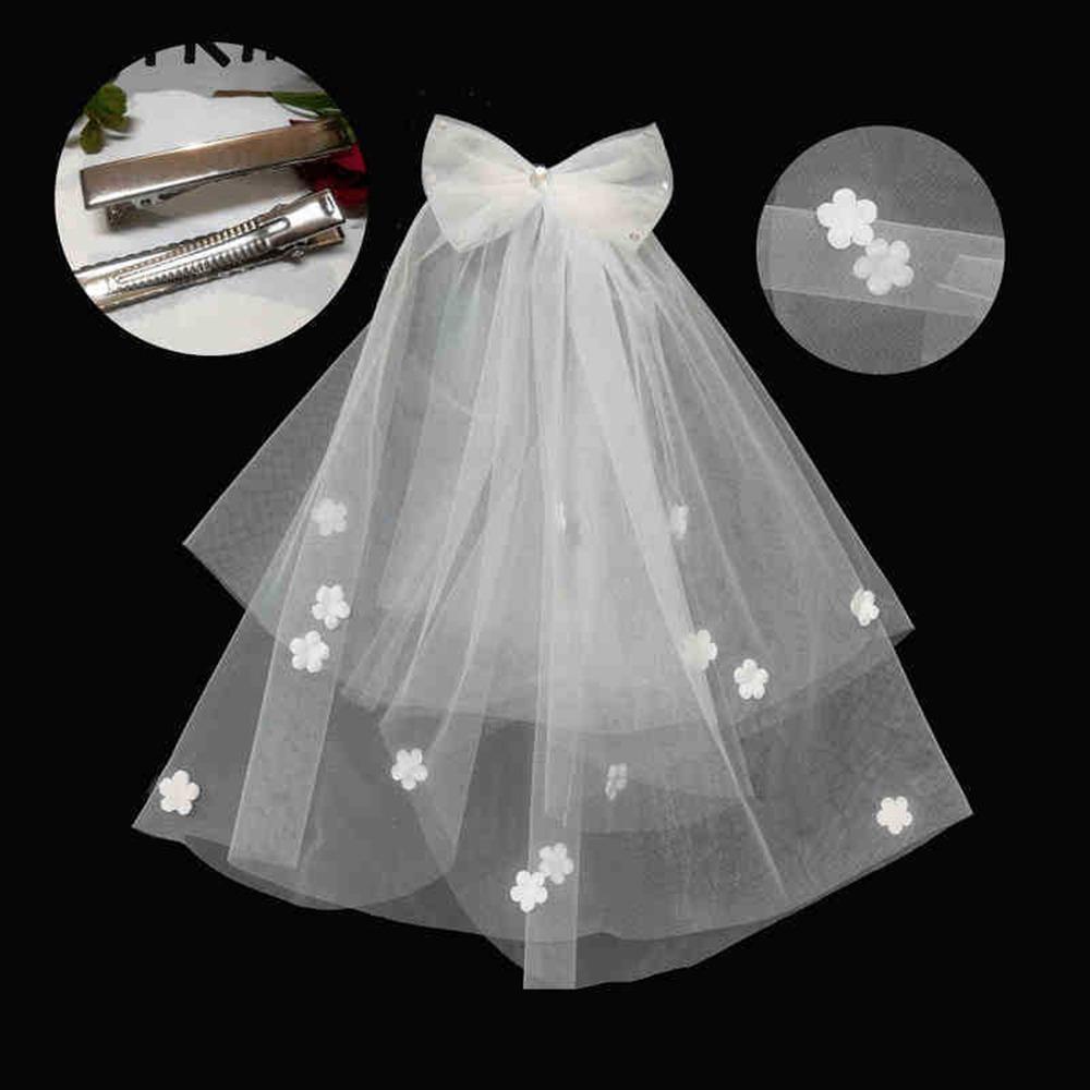 New Double Layer Bridal Veil Lace Edge White Women's Tulle Bow Puffy Photo Veil for Wedding Party