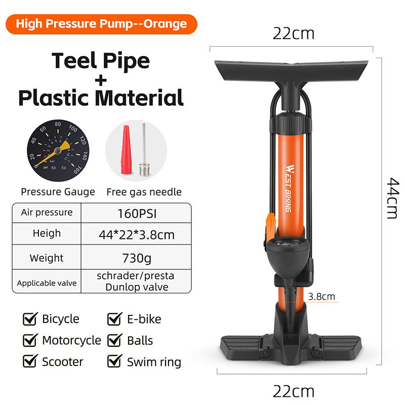 WEST BIKING Bike Pump with Gauge Road Mountain Bike Inflator 160PSI High-Pressure Gauge Presta/Schrader Valve Pump оранжевый