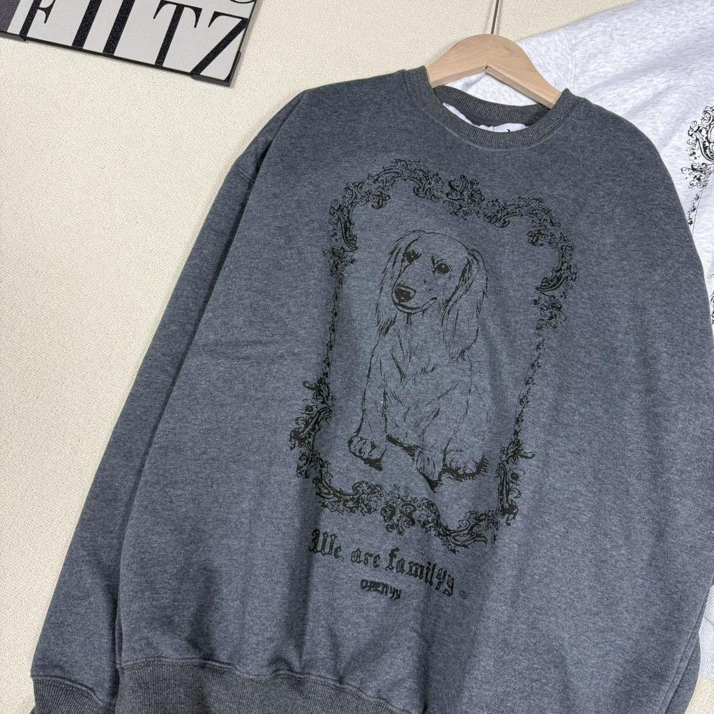 Korean Trendy OPEN*Y Dog Print Fleece Sweatshirt - Unisex, Casual & Cozy for Autumn/Winter