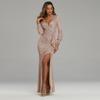New Celebrity Party Quality Long Sexy High Split Long Sleeve Sequined Banquet Evening Dress