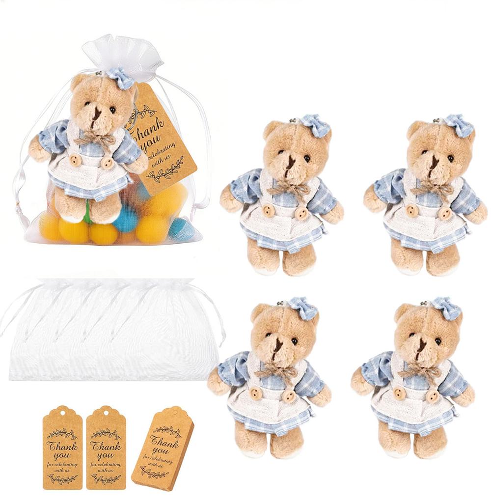 12-36 Zestawów 12 cm Niedźwiadki Upominki na Baby Shower dla Gości Mini Pluszowe Niedźwiadki Niebieskie Z Kartkami Torebki Organzowe
