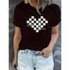 European Size Women's Casual Short Sleeve T-Shirt with Heart Checkered Chess Print & Inspirational Quote - Soft Stretch Round Neck Summer Top