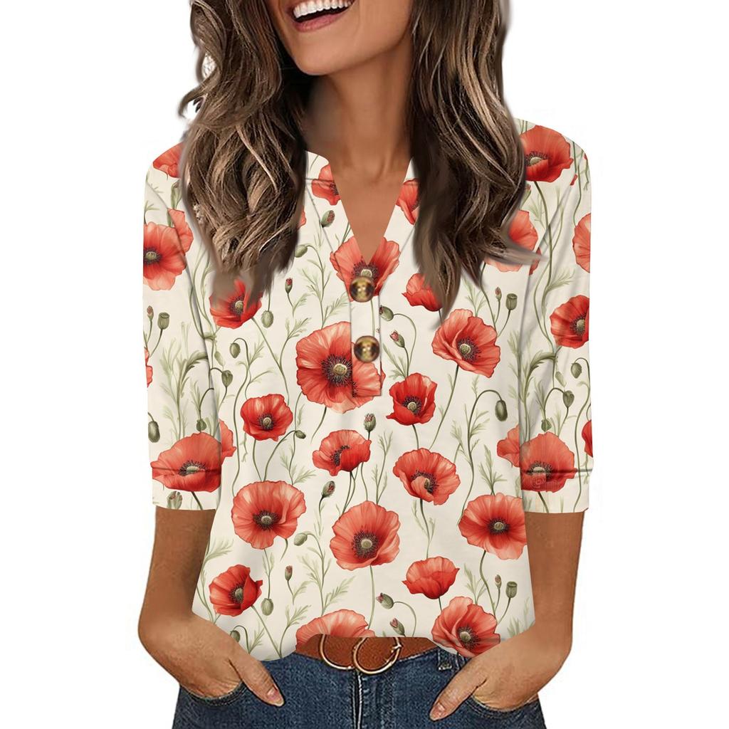 Ladies' Fashionable And Casual Floral Printed Three-quarter Sleeve Loose V-neck Button Shirt