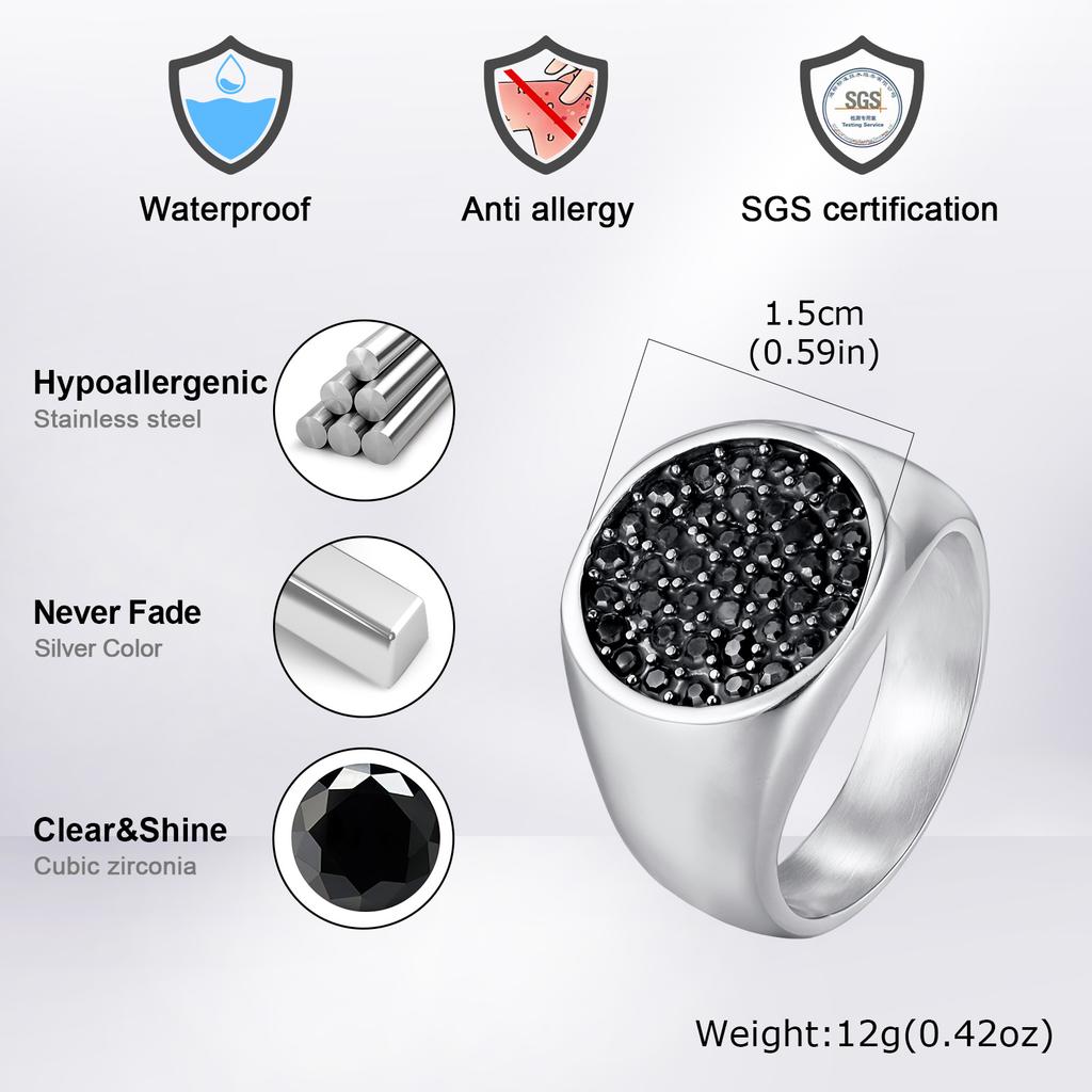 Black Zircon Signet Ring for Men Boys,Waterprfoof Stainless Steel Statement Ring,Punk Hip Hop Jewelry Birthday Party Gift