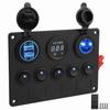 Panel de interruptores basculantes redondos de 12 y 24 V con 5 posiciones, doble puerto USB, cargador de coche, protección contra sobrecalentamiento y uso en barcos.