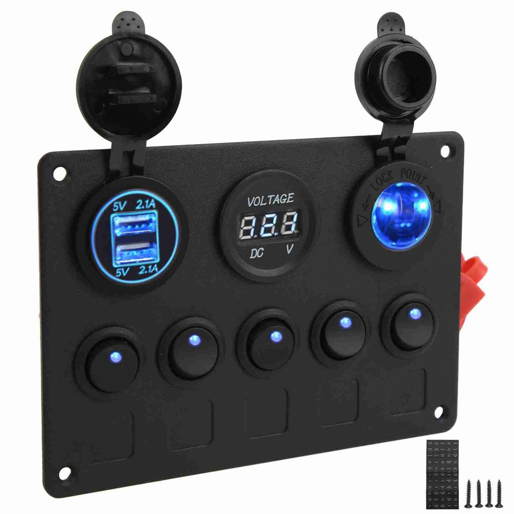 Panel de interruptores basculantes redondos de 12 y 24 V con 5 posiciones, doble puerto USB, cargador de coche, protección contra sobrecalentamiento y uso en barcos.