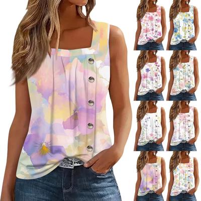Γυναικείο Μοντέρνο Casual Basic Πλισέ Μονόχρωμο Γιλέκο με Κουμπιά και Τετράγωνο Γιακά, Αμάνικο, Στάμπα, Καλοκαιρινά Φανελάκια