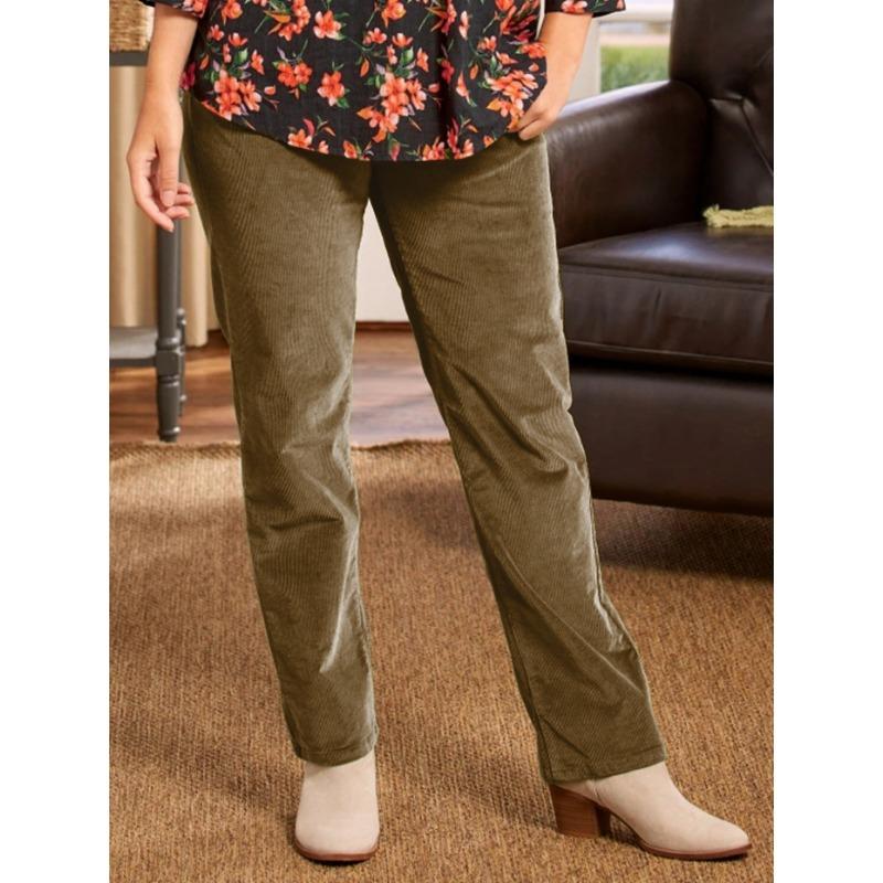 Women S Corduroy Straight Leg Casual Pants Elastic Waist Solid Color
