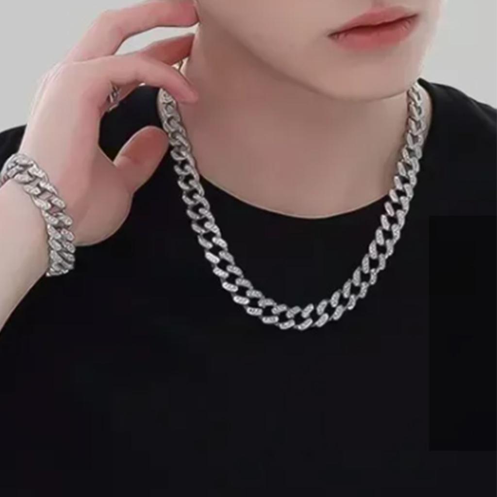 Cuban Link Chain 20cm Bracelet 50cm Necklace Alloy Fashion Accessory for Men Women Silver Color