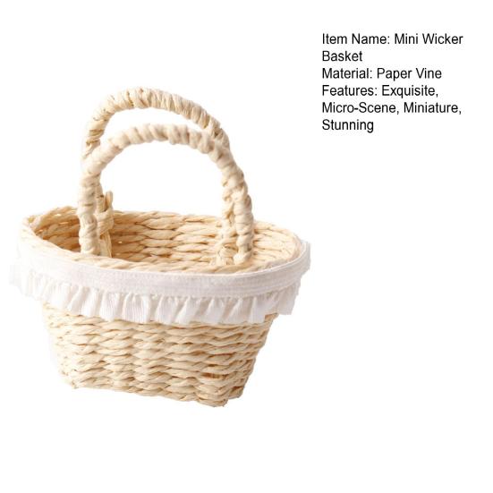 1:12 Scale Dollhouse Basket Mini Wicker Basket with Handles Micro-Scene Woven Storage Basket with Lace Trim for Doll House Accessories