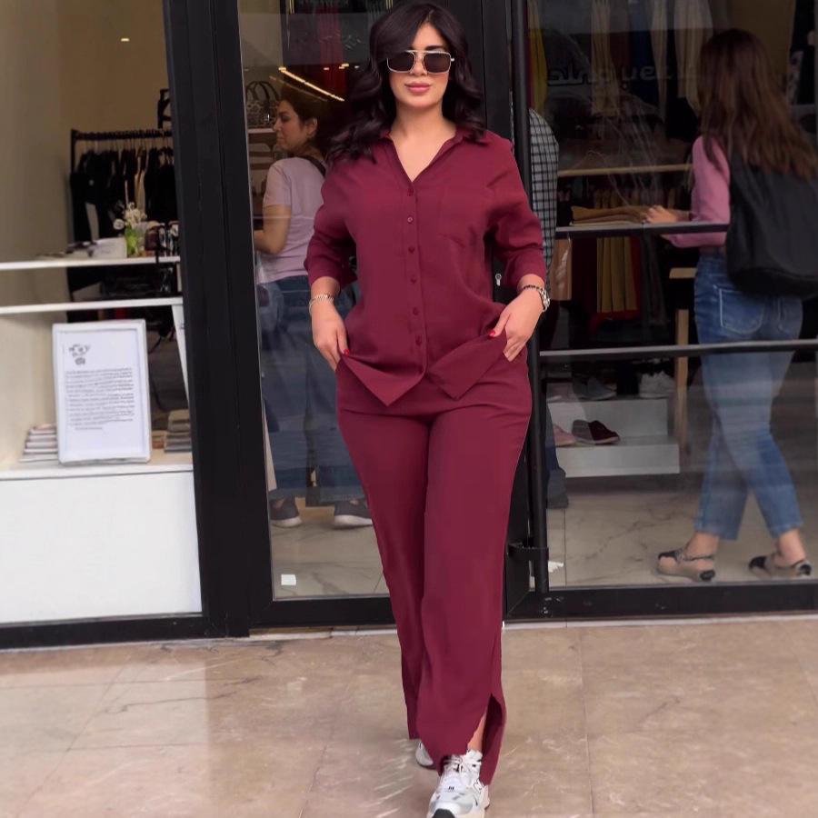 2025 Fall Western Fashion Long Sleeve Shirt & High Waist Pants Two-Piece Set for Women