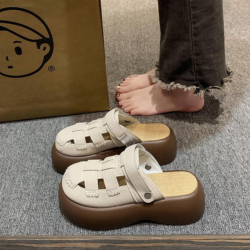 Two wear hollowed-out bag head sandals women's 2025 summer new hole hole Mori Roman shoes thick-soled half slippers women's outer wear