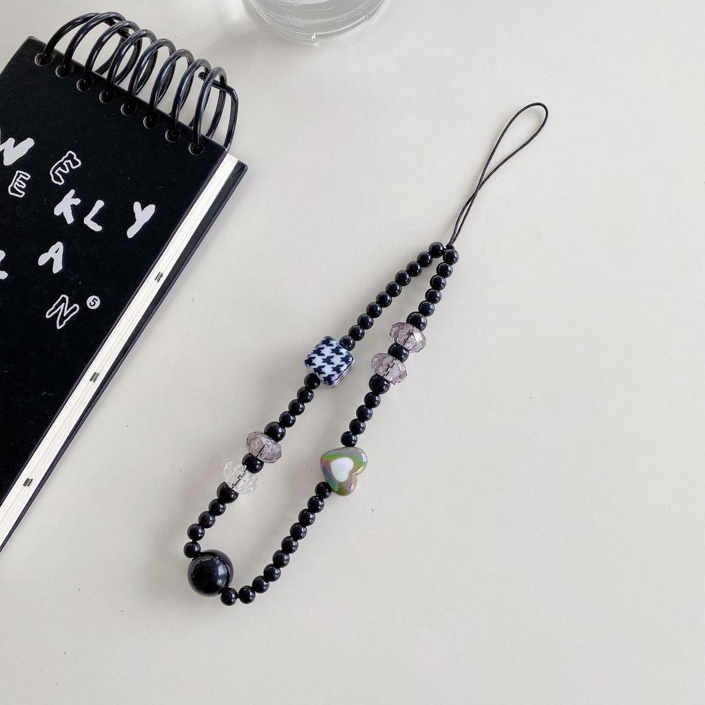 Mobile Phone Chain White Pearl Bow Ins Simple Wind Square Pendant Love Striped Bead Accessories, Mobile Phone Lanyard