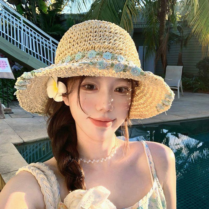 Summer Woven Grass Hat for Women Beach Vacation Small Flower Sun Fisherman Grass Hat