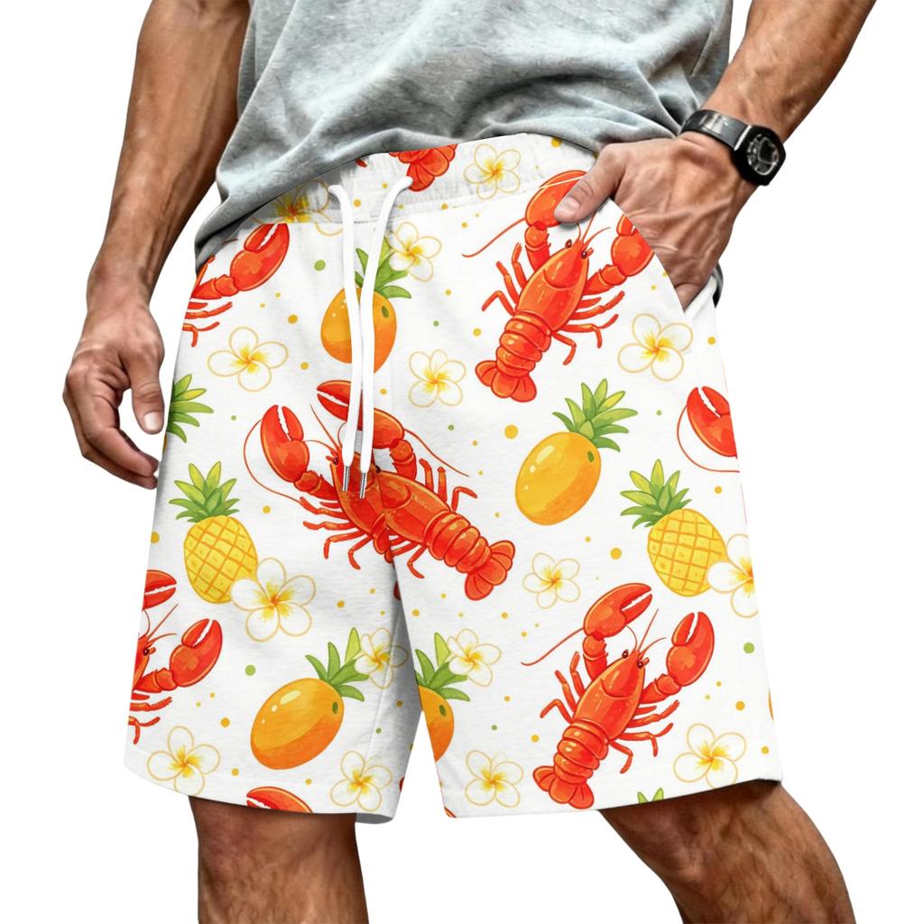 Men's Hawaiian Print Mesh Shorts with Drawstring Elastic Waist for Summer Beach and Casual Wear