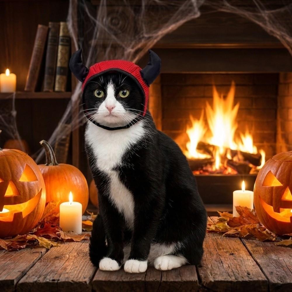 Atmungsaktive Netz-Katzen-Sedierungshaube Teufelshörner Halloween-Katzenhut Haustierbedarf