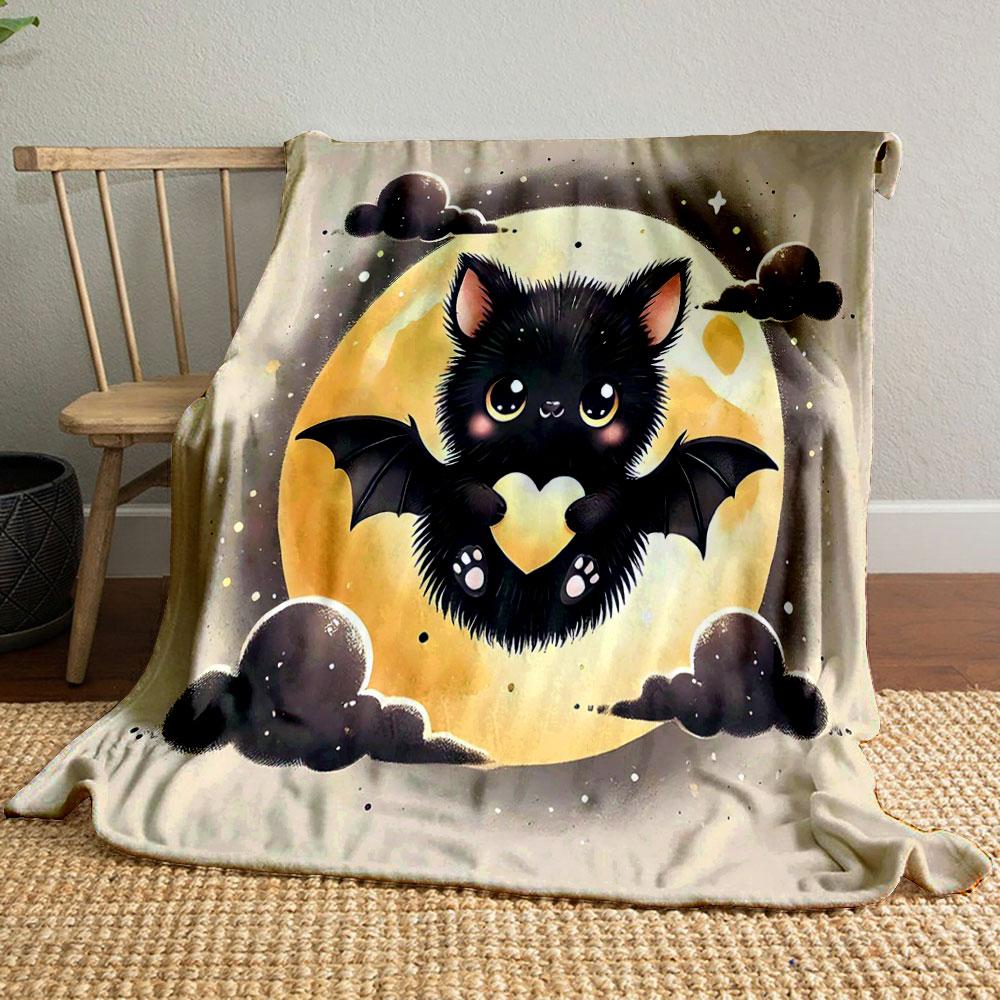 "Adorable Bat with Moon and Heart" Patterned blanket, flannel, suitable for all seasons, home decor, warm and cozy