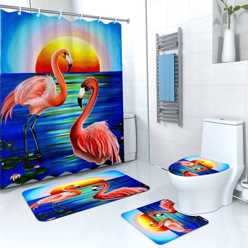 Shower Curtain Digital Printing Shower Curtain Landscape Bird Polyester Bathroom Partition Curtain Bathroom Four-Piece Set