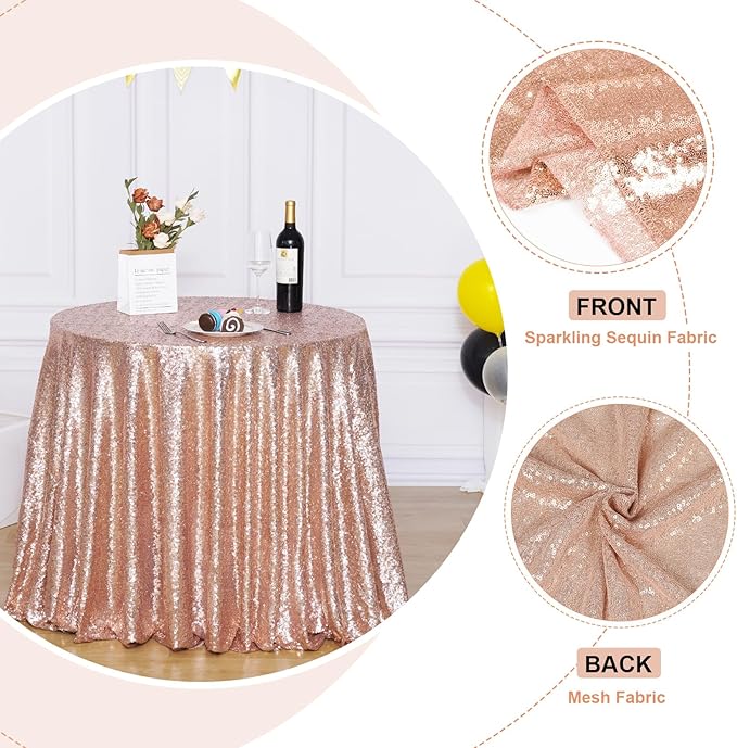 Round Rose Gold Sequin Tablecloth Glitter Table Cloths for Birthday Wedding Bridal Baby Shower Party Decorations