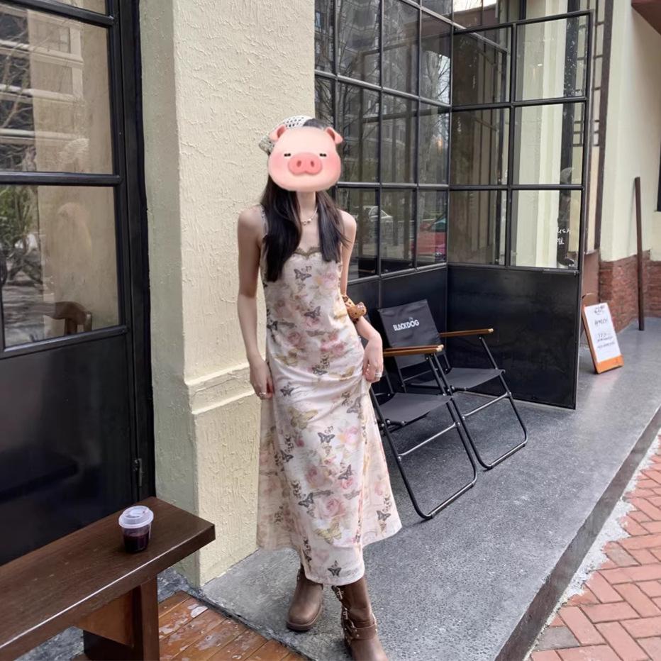 Women's French Retro Butterfly Print Maxi Dress for Spring and Summer Vacations