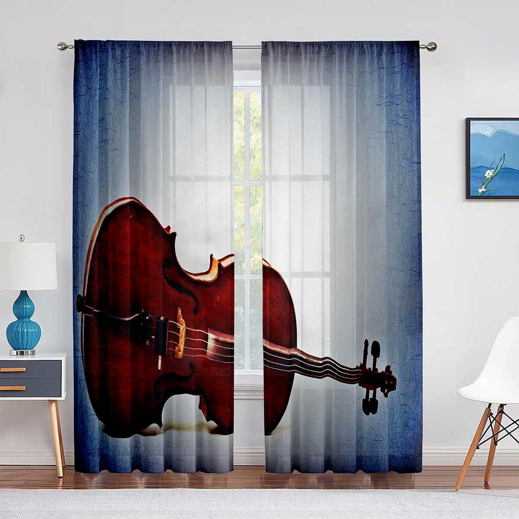 Röd Ros Blommig Kaffe Violin Skir Voile Gardin för Vardagsrum för Fönsterpersienner Sovrum Draperi Kök Hall Tyllgardiner