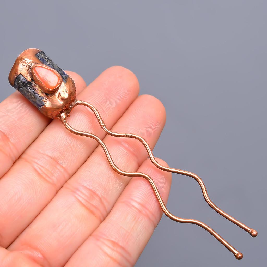 Sapphire & Coral Ethnic Handmade Bun Stick 3.6 Inch Electroformed Hair Pin / Electroplated Copper Gold Filled Hair Pin Gift For Mother Wife