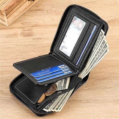 Men’s PU Leather Bifold Wallet Zipper Around Wallet with ID Window Coin Pocket Multiple Card Slots Compact Billfold Purse