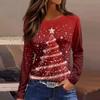 Women's Fashion Casual Slit Hem Round Neck Long Sleeve Loose Christmas Printed T-Shirt Ladies Top