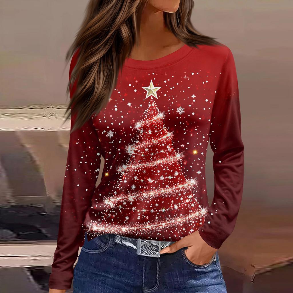 Women's Fashion Casual Slit Hem Round Neck Long Sleeve Loose Christmas Printed T-Shirt Ladies Top